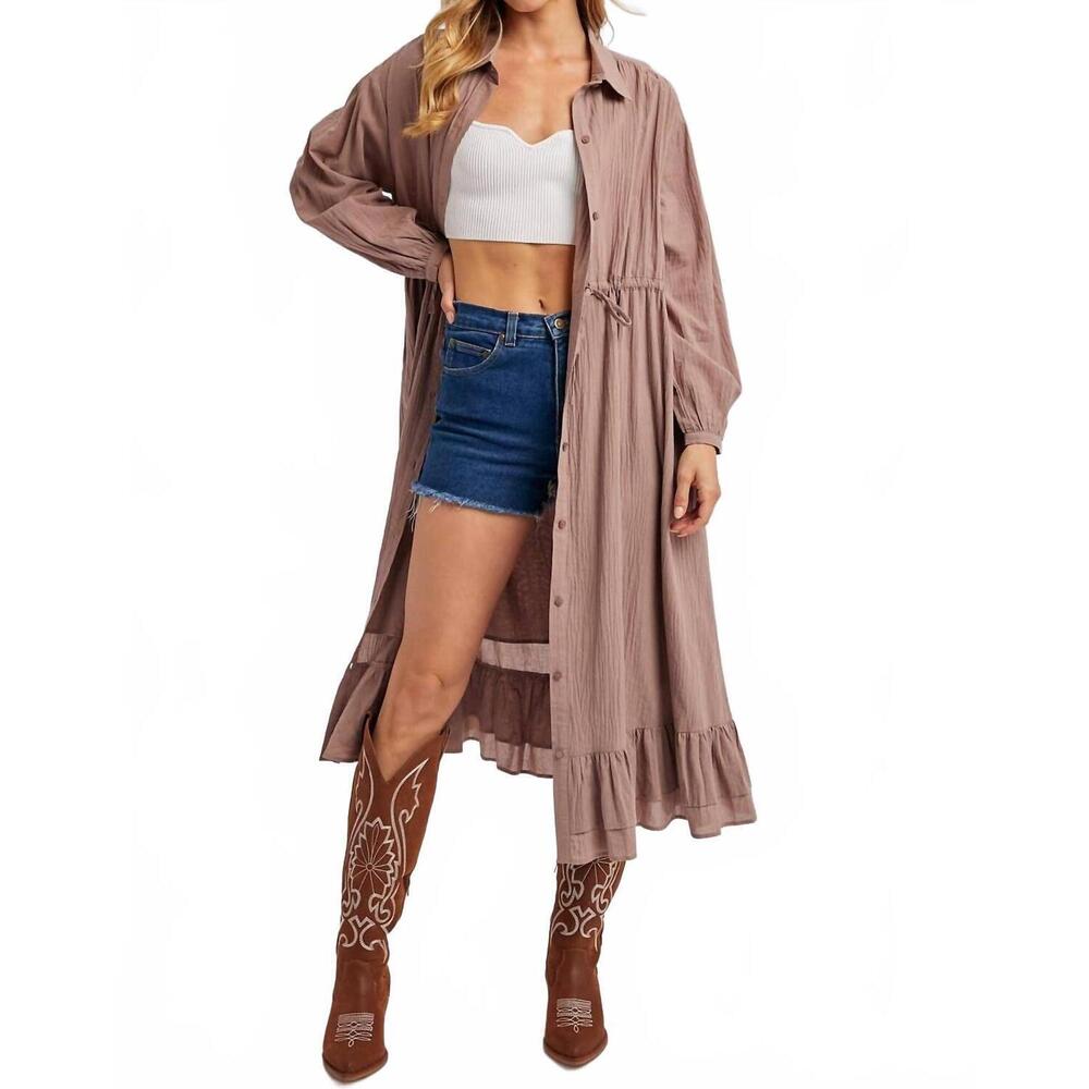 NEW BLUIVY ruffled midi open duster shirt dress in mauve - Picture 6 of 7
